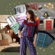 A festive collage showing a cosy Edinburgh bedroom, a woman wearing tartan pyjamas, Scottish candles, Rapscallion soda cans and a tartan wash bag, styled with gold stars for Quine Magazine’s Christmas giveaway.