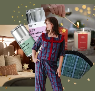A festive collage showing a cosy Edinburgh bedroom, a woman wearing tartan pyjamas, Scottish candles, Rapscallion soda cans and a tartan wash bag, styled with gold stars for Quine Magazine’s Christmas giveaway.