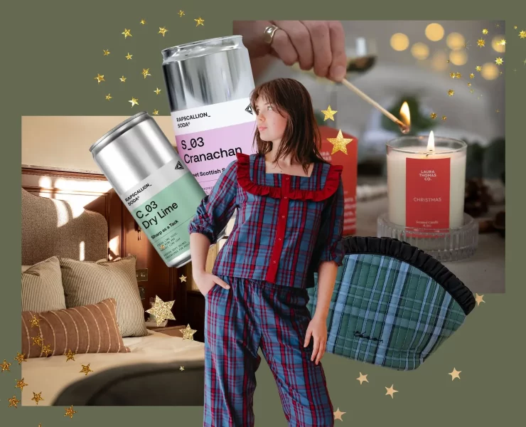 A festive collage showing a cosy Edinburgh bedroom, a woman wearing tartan pyjamas, Scottish candles, Rapscallion soda cans and a tartan wash bag, styled with gold stars for Quine Magazine’s Christmas giveaway.