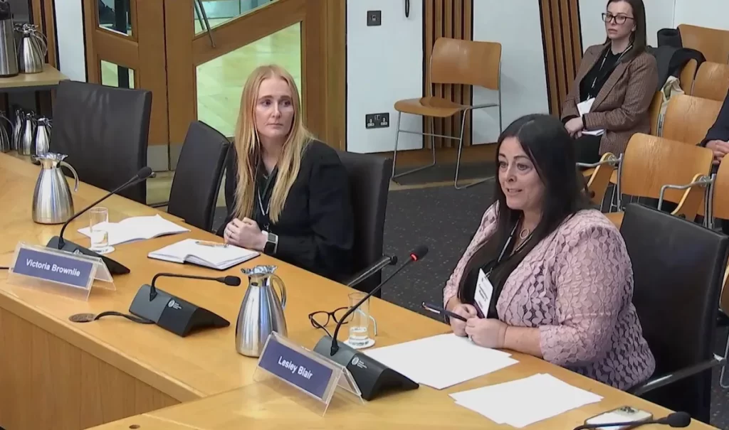 Victoria Brownlie and Lesley Blair giving evidence at the Scottish Parliament on the Non-Surgical Procedures Bill.