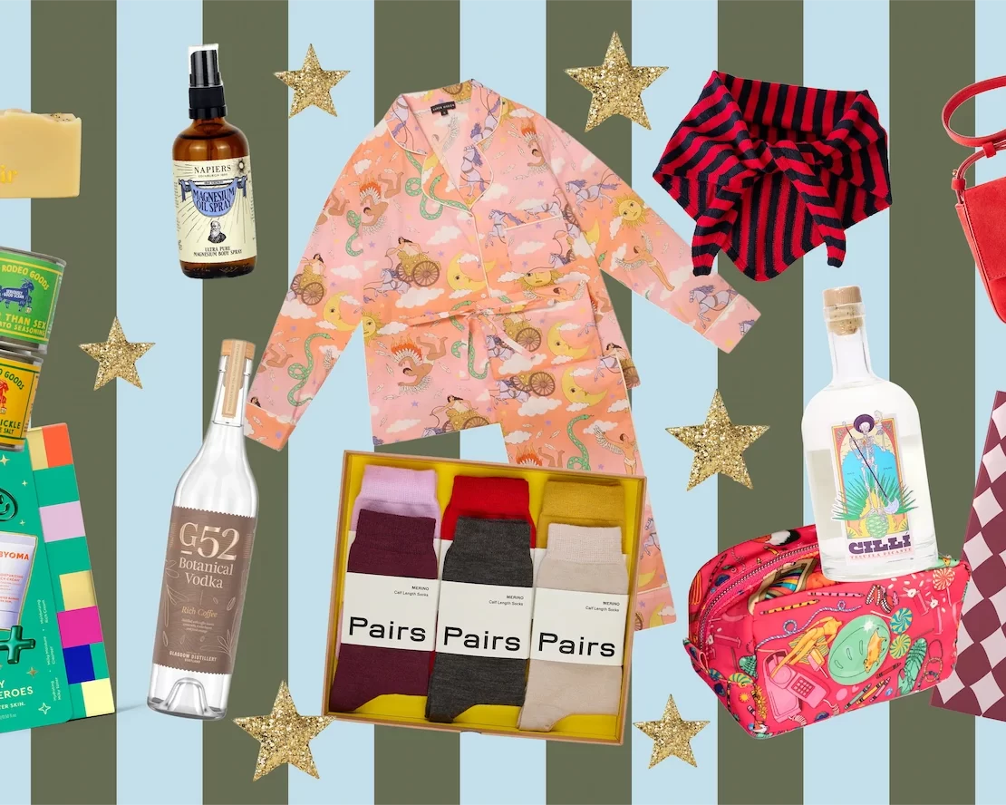 Festive collage of Christmas gift ideas including Oir festive soap, Napiers magnesium oil spray, Karen Mabon pyjamas, La Fetiche striped neck scarf, C.Nicol red suede bag, BYOMA skincare set, G52 Botanical Vodka, Pairs luxury socks, Cillí Tequila Picante, Goat Rodeo seasonings, and a patterned 2025 diary, arranged on a striped background with gold stars.