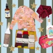 Festive collage of Christmas gift ideas including Oir festive soap, Napiers magnesium oil spray, Karen Mabon pyjamas, La Fetiche striped neck scarf, C.Nicol red suede bag, BYOMA skincare set, G52 Botanical Vodka, Pairs luxury socks, Cillí Tequila Picante, Goat Rodeo seasonings, and a patterned 2025 diary, arranged on a striped background with gold stars.