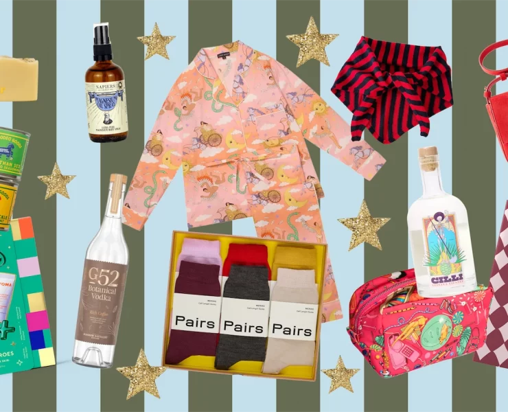 Festive collage of Christmas gift ideas including Oir festive soap, Napiers magnesium oil spray, Karen Mabon pyjamas, La Fetiche striped neck scarf, C.Nicol red suede bag, BYOMA skincare set, G52 Botanical Vodka, Pairs luxury socks, Cillí Tequila Picante, Goat Rodeo seasonings, and a patterned 2025 diary, arranged on a striped background with gold stars.