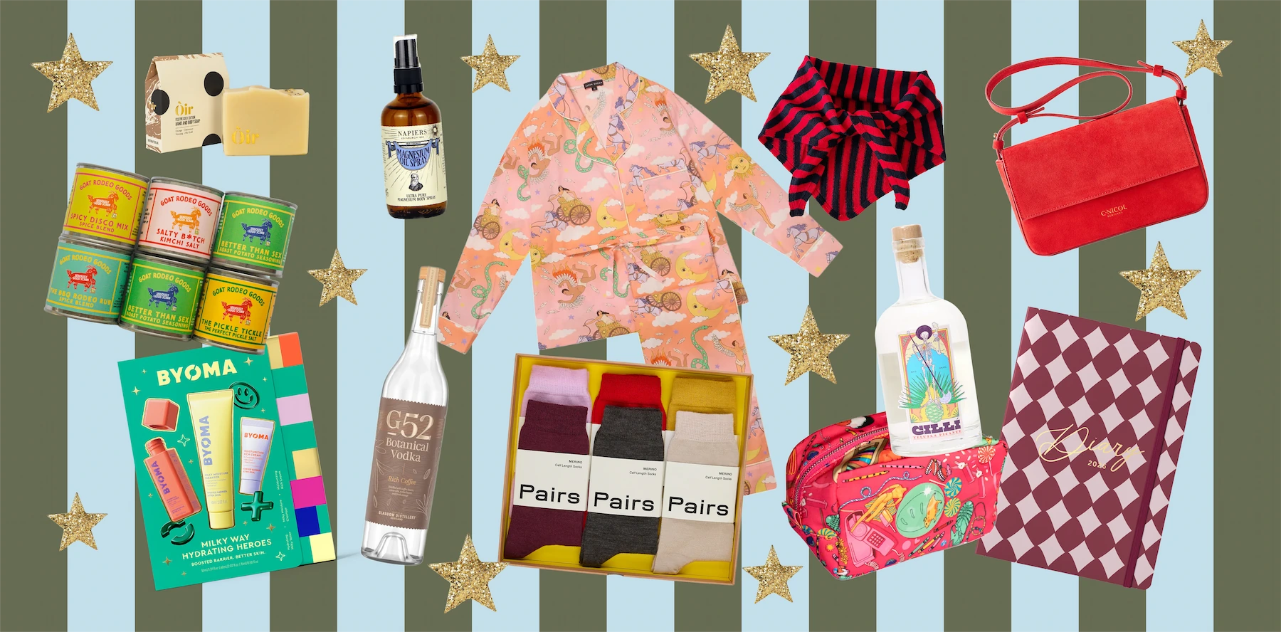 Festive collage of Christmas gift ideas including Oir festive soap, Napiers magnesium oil spray, Karen Mabon pyjamas, La Fetiche striped neck scarf, C.Nicol red suede bag, BYOMA skincare set, G52 Botanical Vodka, Pairs luxury socks, Cillí Tequila Picante, Goat Rodeo seasonings, and a patterned 2025 diary, arranged on a striped background with gold stars.