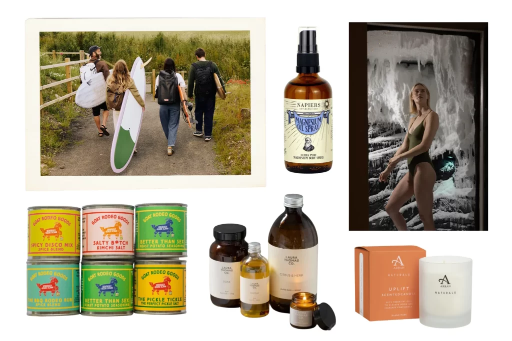 A wellness-themed Christmas gift guide collage showing people carrying surfboards at Lost Shore surf resort, a Napiers magnesium oil spray bottle, a woman standing in the Old Course Hotel spa, Goat Rodeo spice tins, Laura Thomas Co. bath and body products and an Arran Naturals Uplift candle.