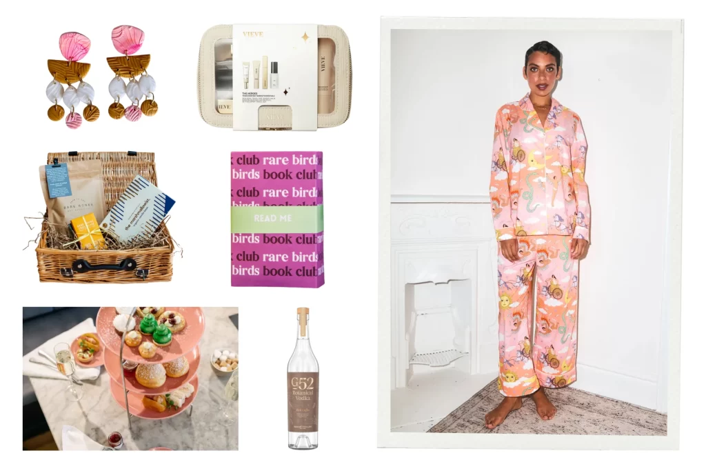 A collage of Christmas gift ideas for your best friend featuring pink and gold statement earrings, VIEVE’s Heroes Set, a Bare Bones chocolate hamper, a Rare Birds Book Club subscription box, an afternoon tea tower of pastries and champagne, G52 vodka and a model wearing Karen Mabon printed pyjamas.