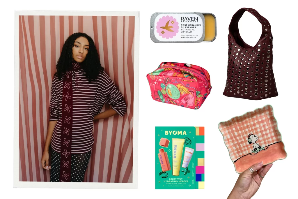 A collage of teen Christmas gifts including a model wearing a striped knit, Raven Botanicals lip balm, a bright pink printed washbag, a studded burgundy Little Lies hobo bag, a BYOMA skincare set and a hand holding a wavy-edged Snoopy ceramic dish.