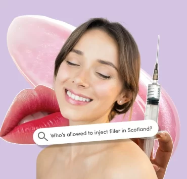 A collage of a smiling woman, oversized glossy lips and a syringe, with a search bar asking “Who’s allowed to inject filler in Scotland?”