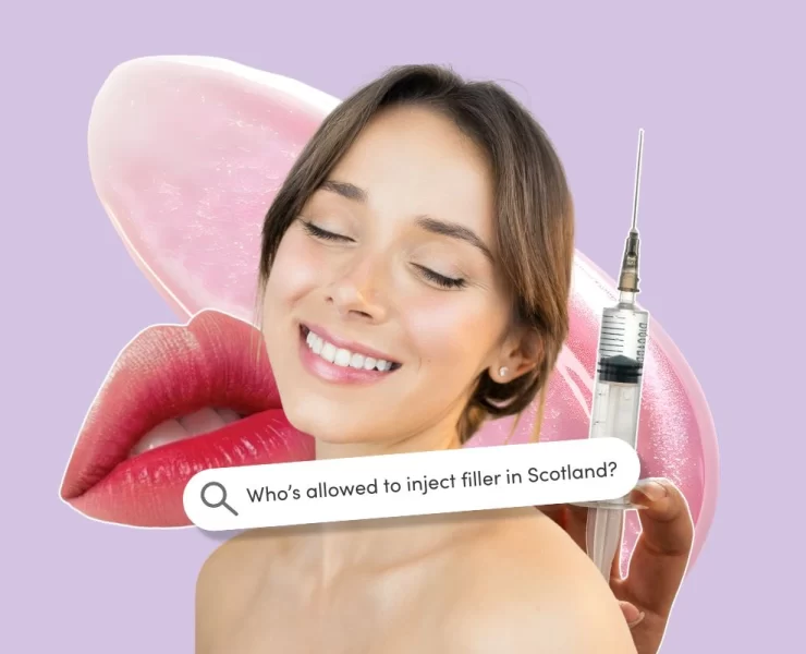 A collage of a smiling woman, oversized glossy lips and a syringe, with a search bar asking “Who’s allowed to inject filler in Scotland?”