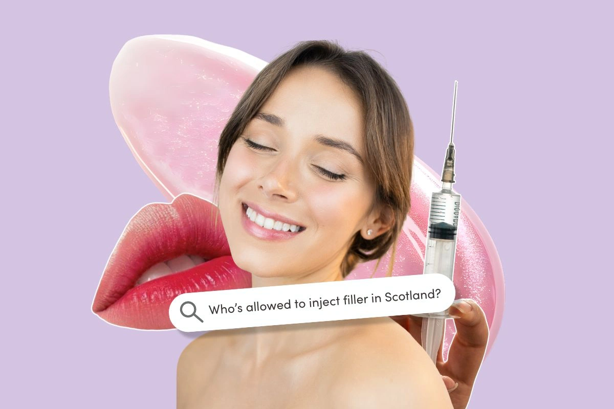 A collage of a smiling woman, oversized glossy lips and a syringe, with a search bar asking “Who’s allowed to inject filler in Scotland?”