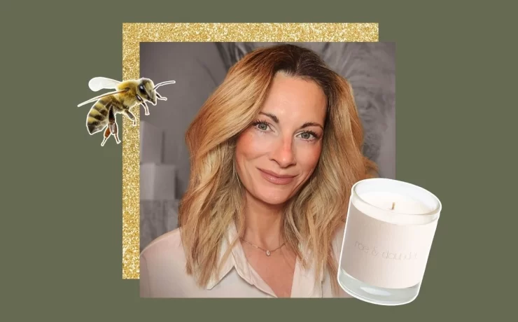Portrait of Karen Young, founder of rae & daunder, alongside one of her clean-burning candles and a bee graphic, on a green and gold background.