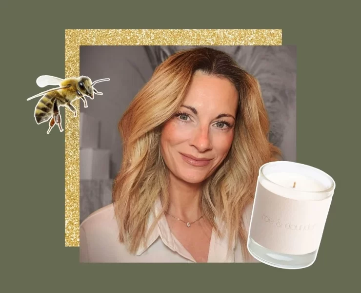 Portrait of Karen Young, founder of rae & daunder, alongside one of her clean-burning candles and a bee graphic, on a green and gold background.