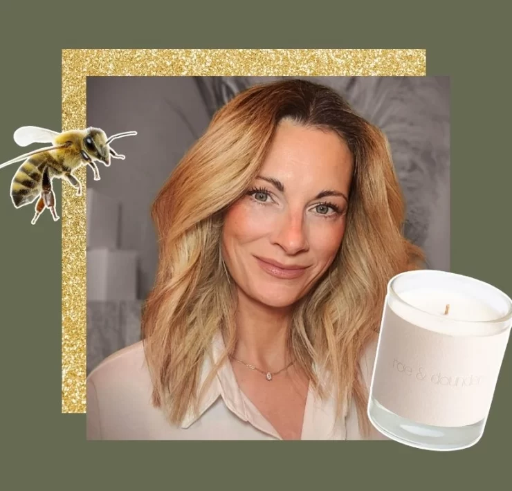 Portrait of Karen Young, founder of rae & daunder, alongside one of her clean-burning candles and a bee graphic, on a green and gold background.