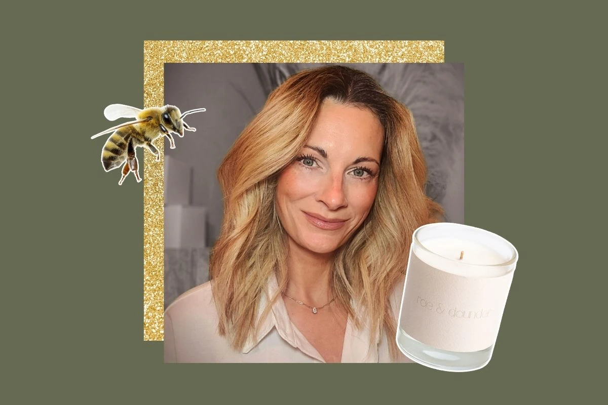 Portrait of Karen Young, founder of rae & daunder, alongside one of her clean-burning candles and a bee graphic, on a green and gold background.